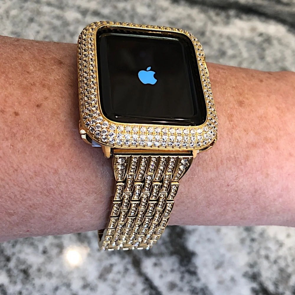 2 pc Apple Watch set yellow gold lab diamond case and crystal band classy bling